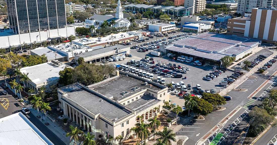An overhead view of the proposed site of a convention center and hotel by developers Mark Kauffman and Sadek Omar of Jebcore Development. The site includes the city-owned federal courthouse building and the U.S. Post Office.